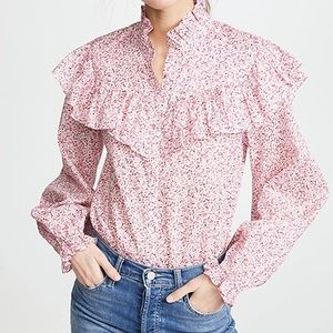 LoveShackFancy Erica Floral Pink Ruffle Blouse Top Button Shirt XS